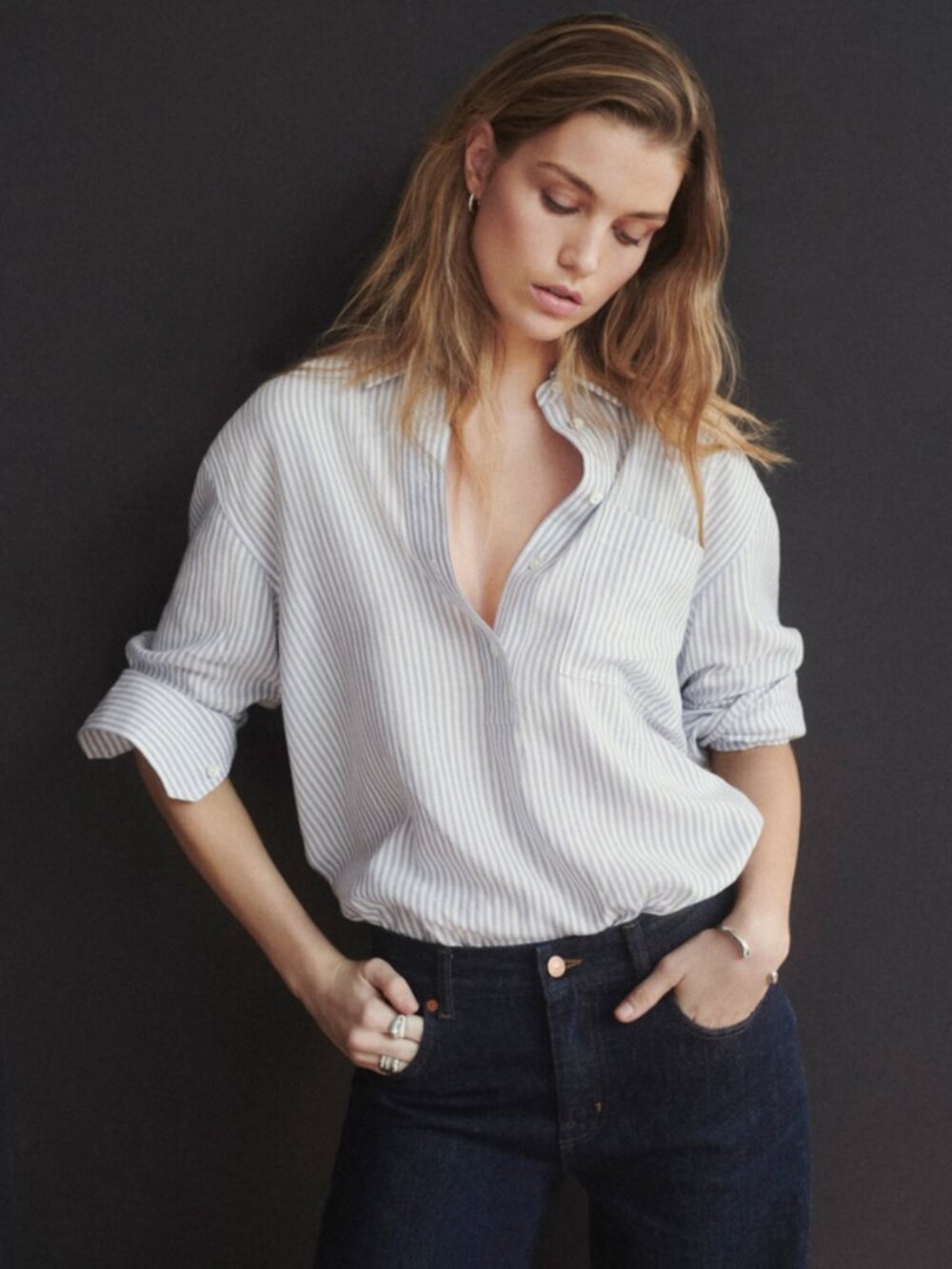 Madewell Drapey Long-Sleeve Popover Shirt in Stripe . Large . Never Worn